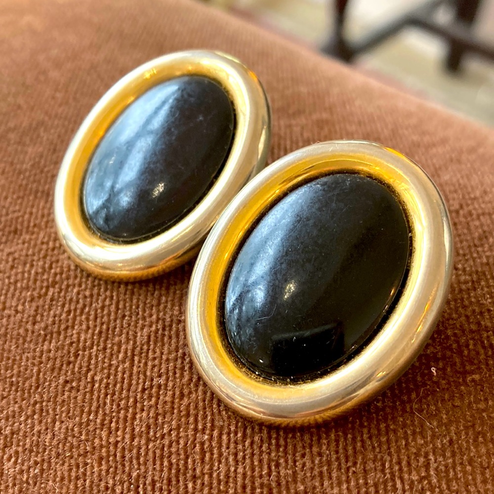 5/$25 Clip black and gold lustrous oval earrings. 1970s classics.